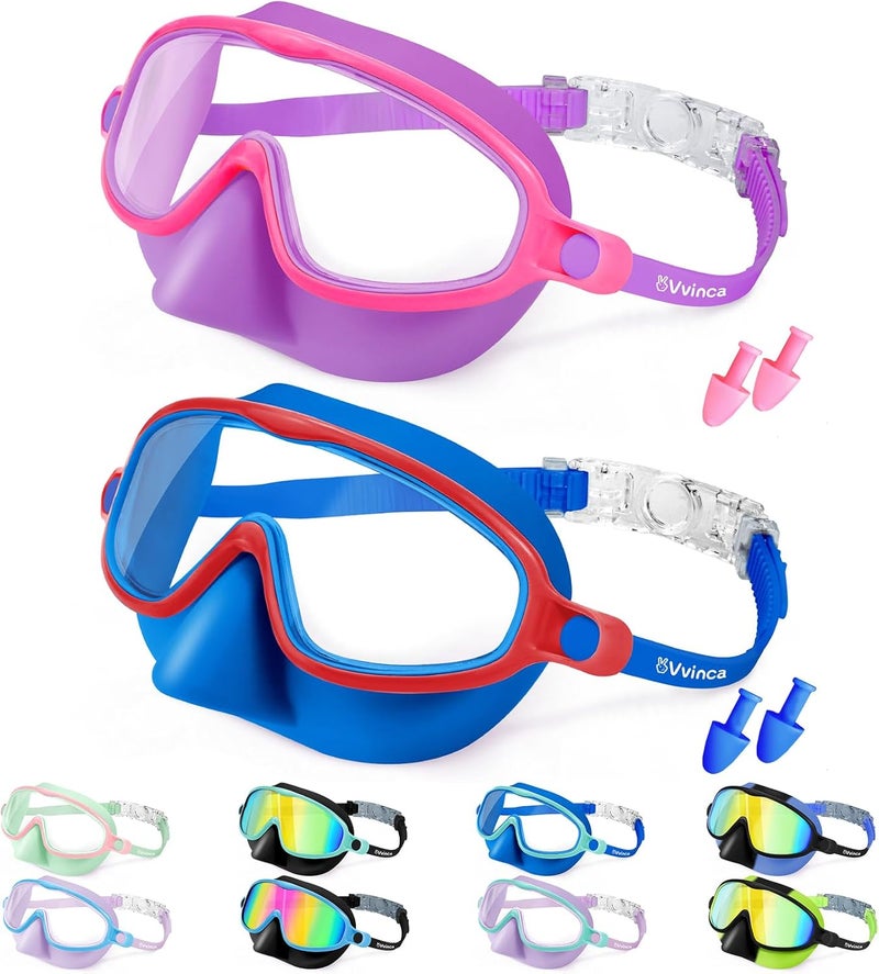 Vvinca Swim Goggles with Nose Cover, 2 Pack Wide View Diving Mask Anti-Fog UV No Leak Toddlers Swimming Goggles for Kids 3-15 - Image 1